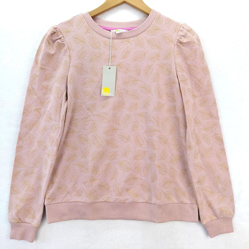 Boden Sweatshirt Womens 6 Pink Gold Metalic Leaf Floral Print Puff Sleeve NEW